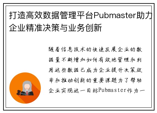 打造高效数据管理平台Pubmaster助力企业精准决策与业务创新